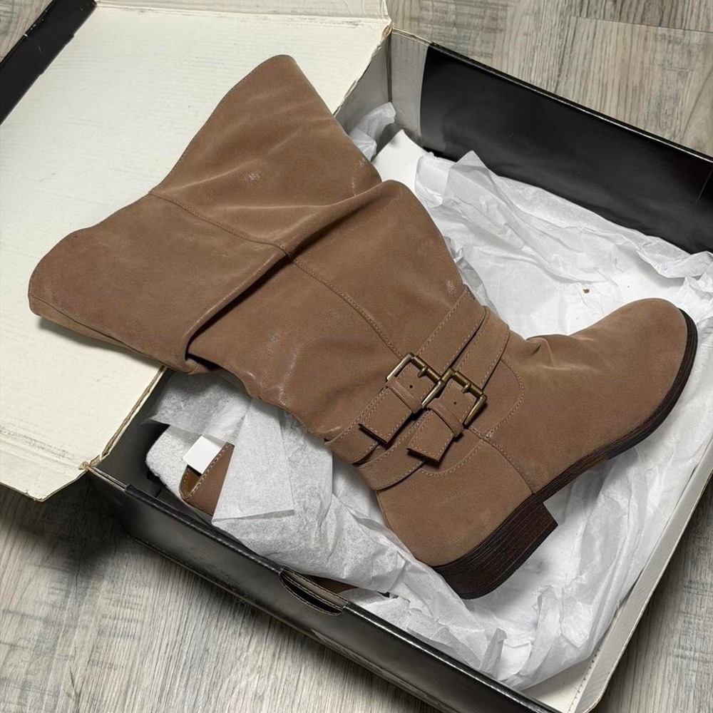 4B Taupe Mid Calf Boots Women Size 6.5